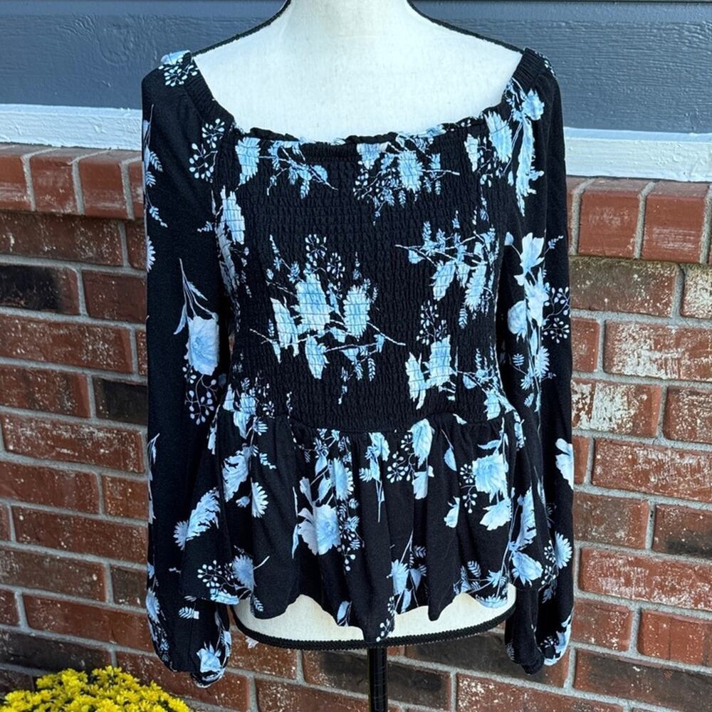 Torrid Size 0 Smocked Floral Peplum Blouse Long Sleeve Puff Sleeve Top Women’s L
